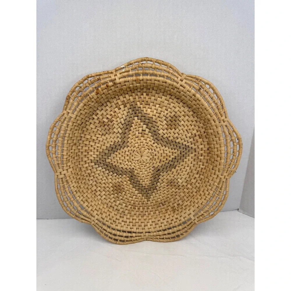 Vintage Woven Scalloped Edge Basket Tray Star Pattern Boho Wall Decor 13